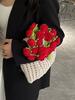 Borsa Secchiello a Fiore di Rosa Lavorata a Maglia con Chiusura a Coulisse per Uso Quotidiano Casual