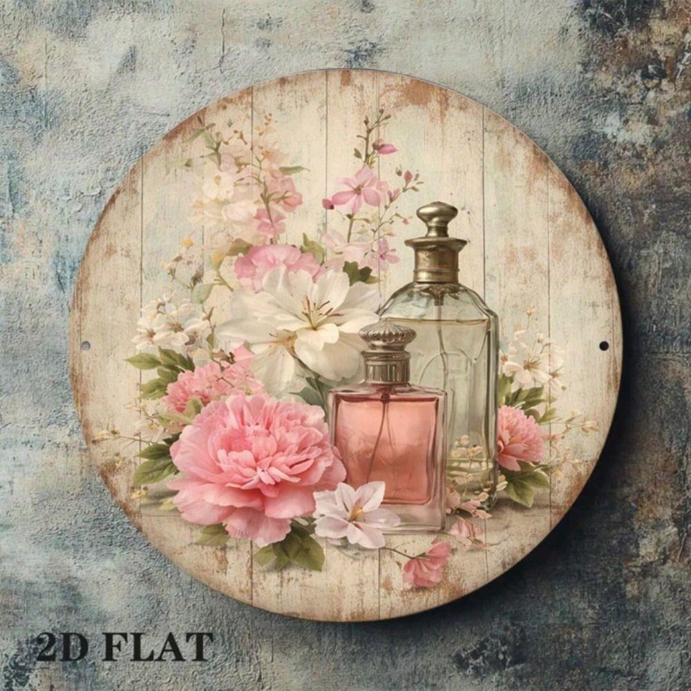 Vintage Round Metal Wall Art Sign with Perfume and Flowers Decor for Living Room
