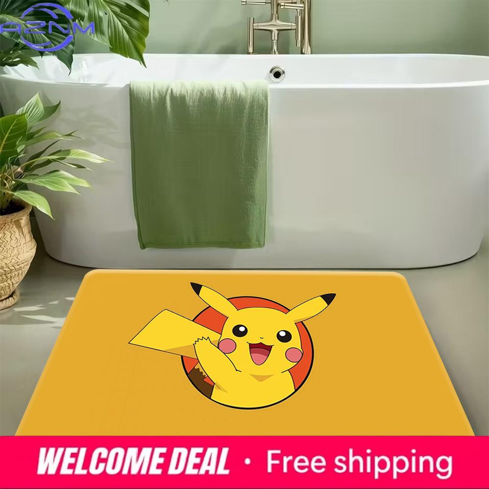 Happy Cute Pikachu Cartoon Print Soft Non-Slip Absorbent Indoor Home Bathroom Entryway Floor Doormat Rug Mat