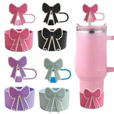 2PCS/Set Cute Bow Silicone Boot Bottom Sleeve Cover for Stanley 30/40 OZ Tumbler Cup Protection Case Straw Covers Cap