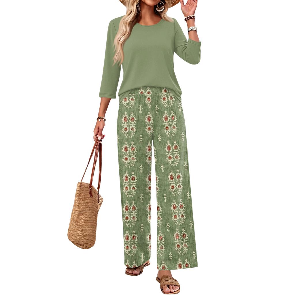Women's Casual Fashion Round Neck Loose Fit Printed Three Quarter Sleeve Top with Wide Leg Printed Pants Set Comfortable Loungewear