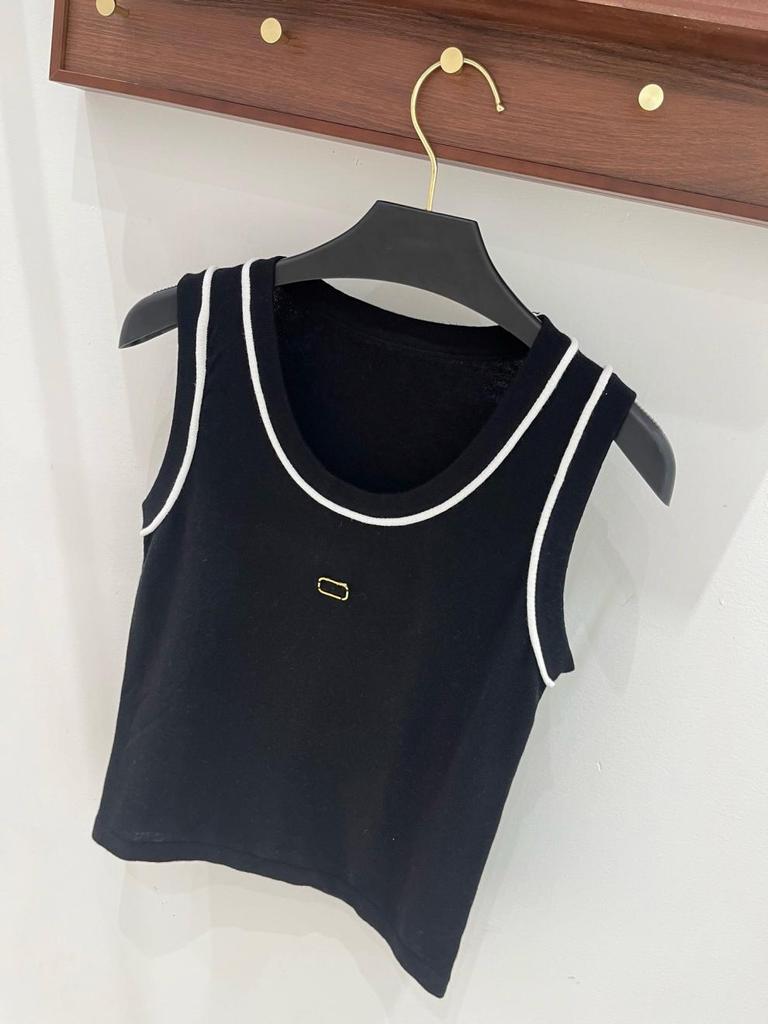 European Gold Embroidered Knit Vest – Slim Fit, Round Neck, Contrast Edge.