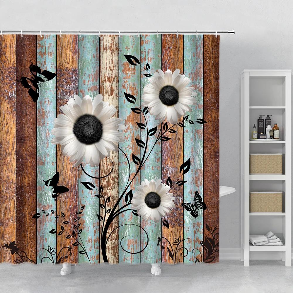 Flower Shower Curtain Set Orchid Teal Rose Plant Floral Leaves Print Bathroom Decor Fabric Bath Curtain Bathtub Accessories Hook