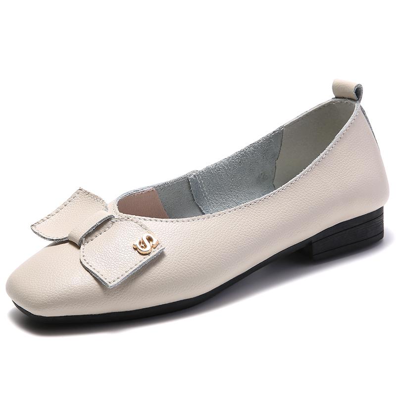 New Women's Shoes Shallow Mouth Leather Single Shoes Square Head Set Feet Grandma Shoes Bow Korean Casual Mother Shoes