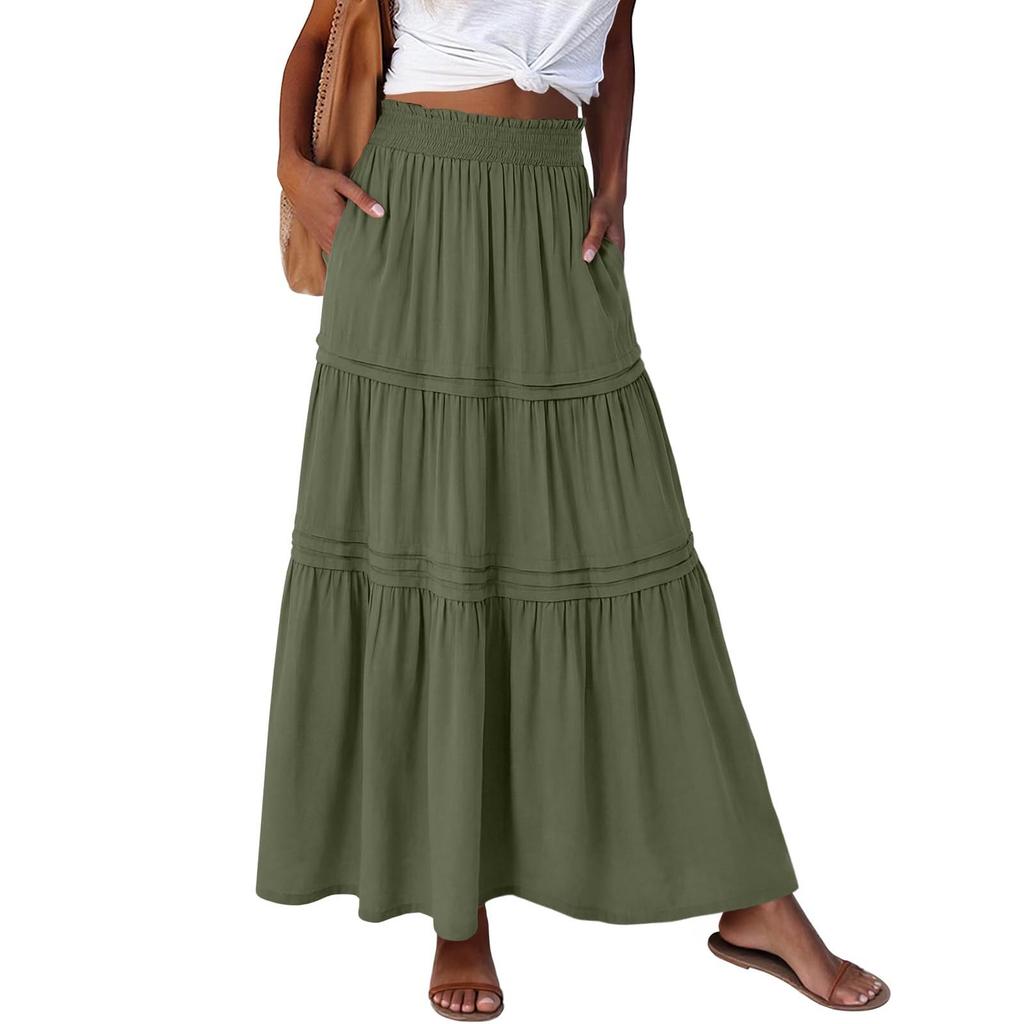 Women Summer Maxi Skirt Boho Ruffle Tiered Elastic High Waist Flowy Casual A-line Long Skirts