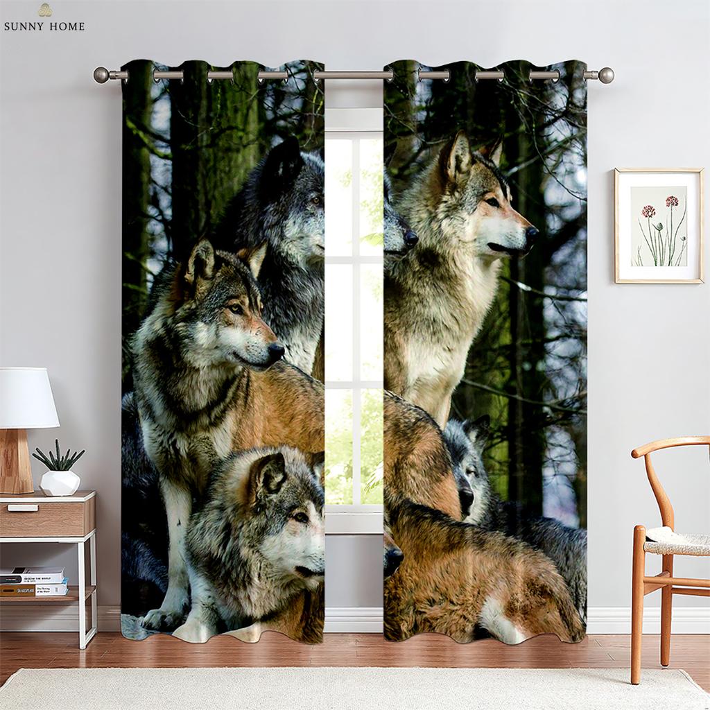 Tier Stern Wolf 3D Gedruckter Vorhang Fensterstangentasche Dekorativer Vorhang Küche Wohnzimmer Schlafzimmer Vorhang 2 Stück