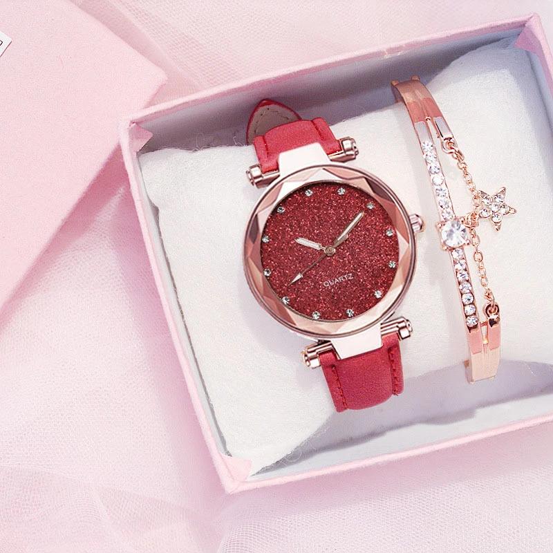 Starry Sky Women Watch Bracelet Ladies Wristwatch Pink Female Girls Clock Fashion Leather Simple Watches Reloj Mujer Rosa