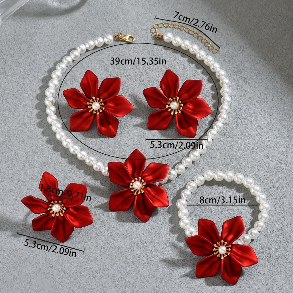 European and American Style Jewelry Exaggerated Red Flower Earrings Pearl Woven Bracelet Open Ring Jewelry Set Women