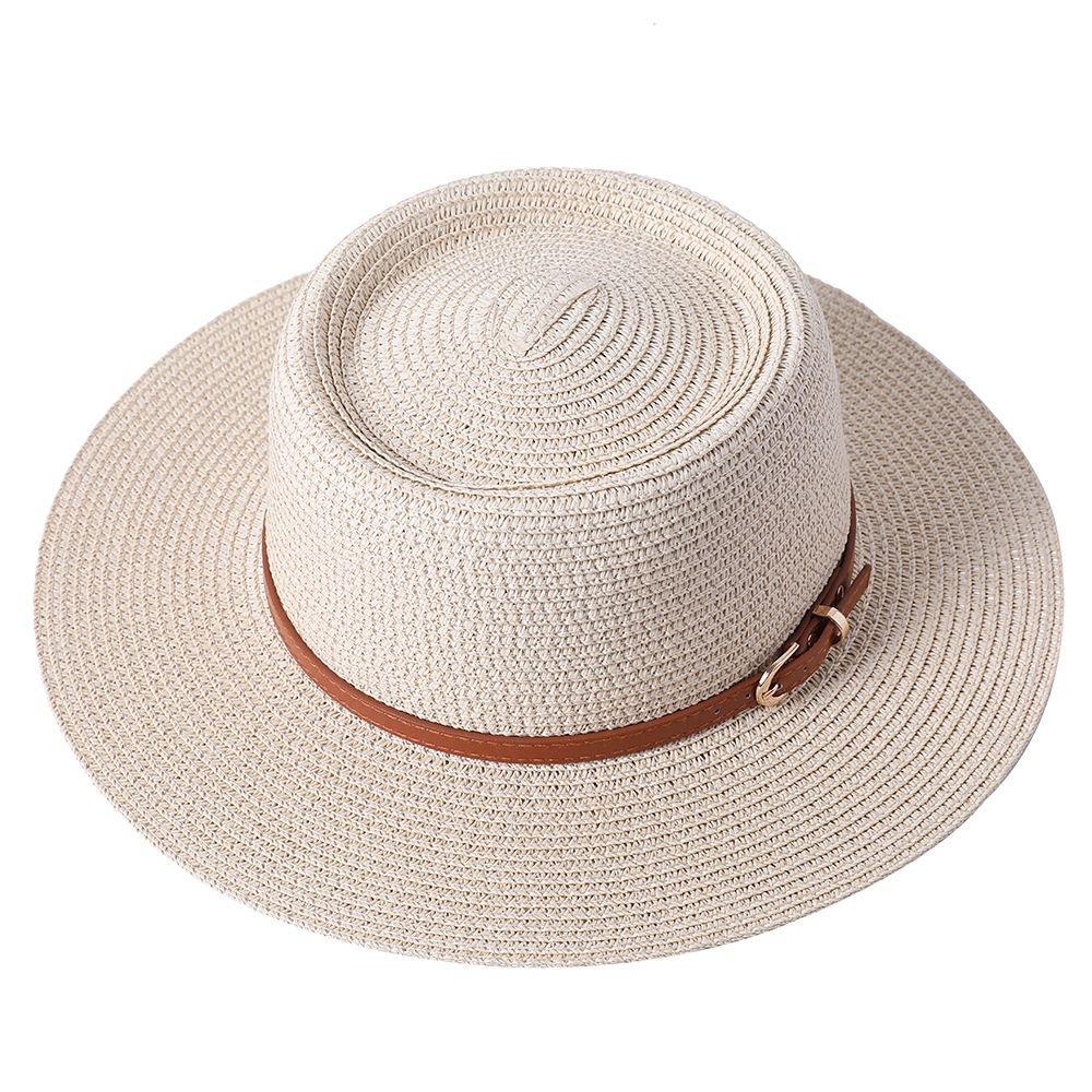 New Sun Hat Concave Convex Top Straw Hat Women's Spring and Summer Beach Hat Sun Hat Flat Brim Jazz Hat Belt