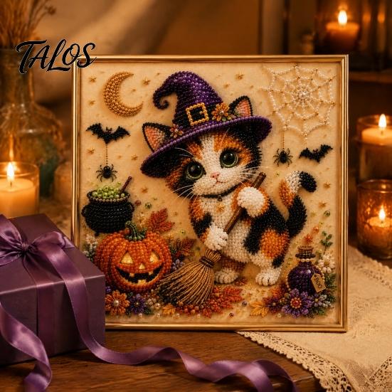 Creative Gifts for Cat Lovers Halloween Witch Hat DIY 3D Pearl Painting Kit with Frame, Hand-Pasted Art Craft Adults, Relaxing Handcrafted Living Room