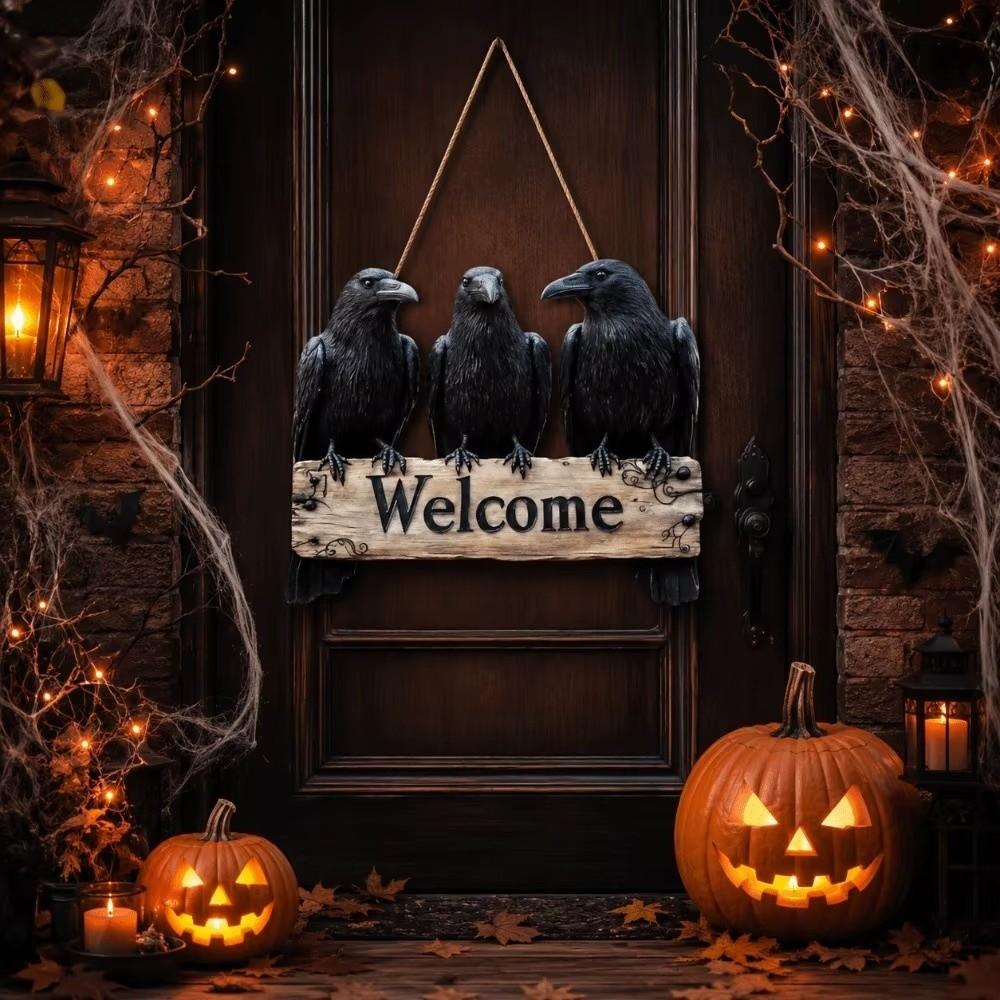 Handmade 2D Flat Welcome Sign Black Crow Pattern Hanging Tag Door Decoration