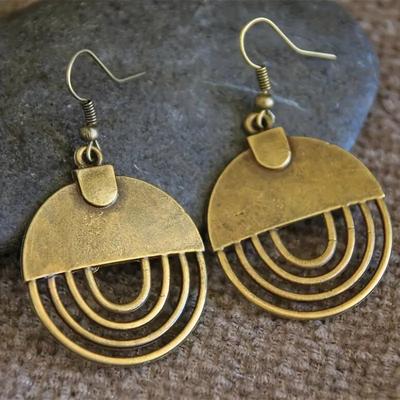 Ethnische runde bronzefarbene hohle Hakenohrringe für Frauen, Vintage, goldfarbenes Metall, Halbkreis, handgefertigt, Persönlichkeit, baumelnde Ohrringe