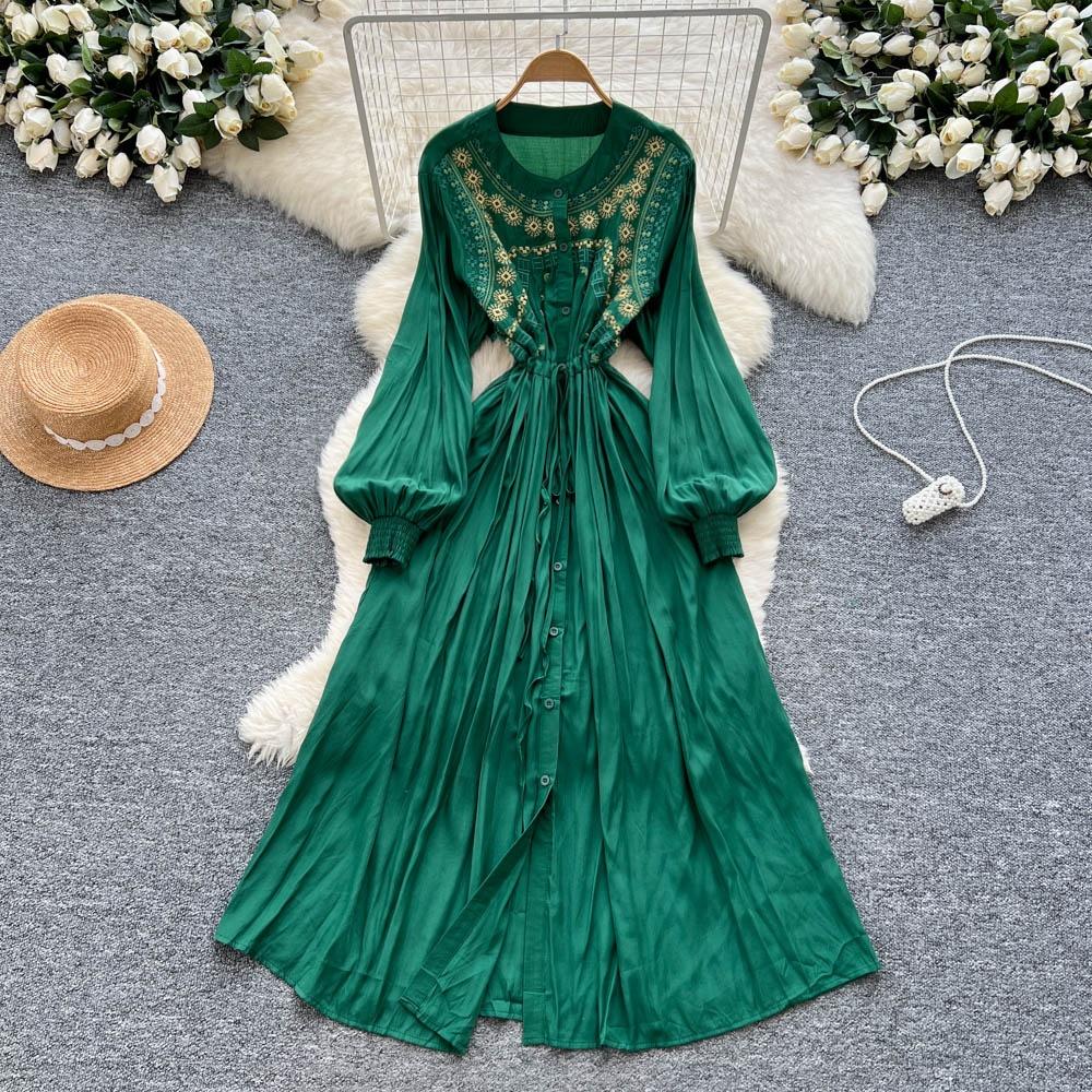 Damen Retro Stickerei Schwere Arbeit Taillengürtel Ein-Knopf Ele Langes Kleid
