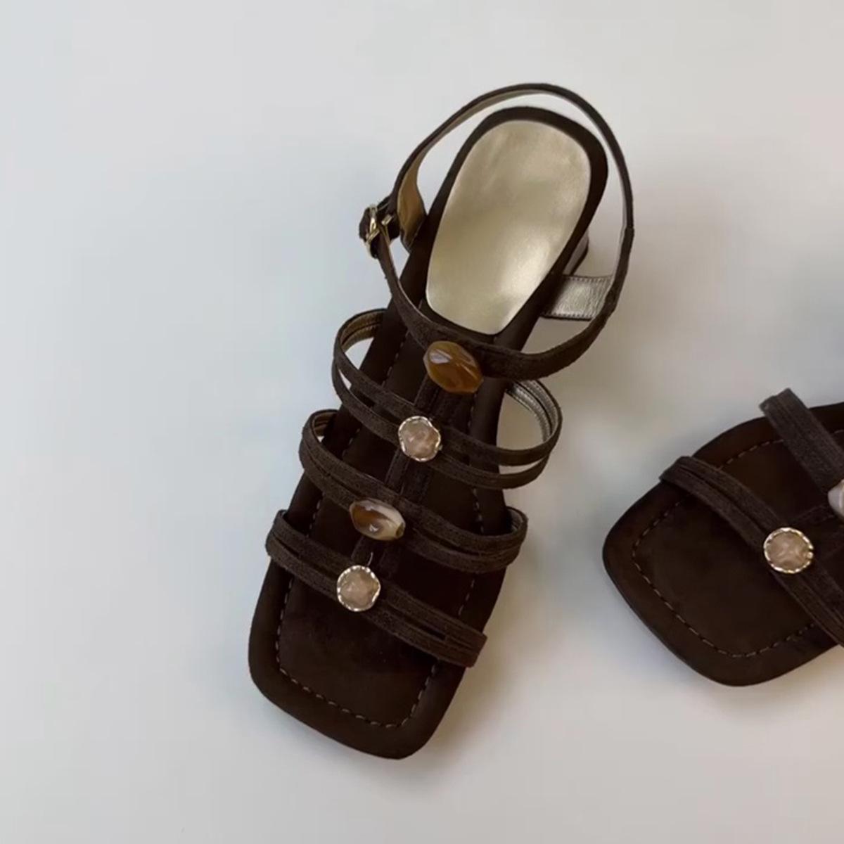 

Leather version~ retro old money wind square head open-toed Roman sandals women s summer new one-word with thick heel high heel sandals 39