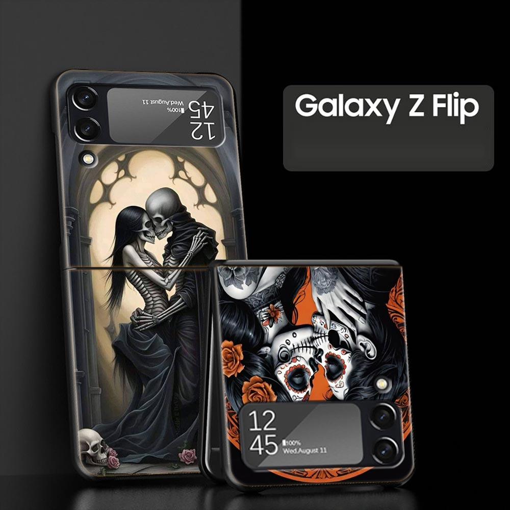 Hard PC Phone Case For Samsung Galaxy Z Flip 7 6 5 4 Black Cover For Galaxy Z Flip 3 Foldable Shockproof Skeleton Love Skull Bag