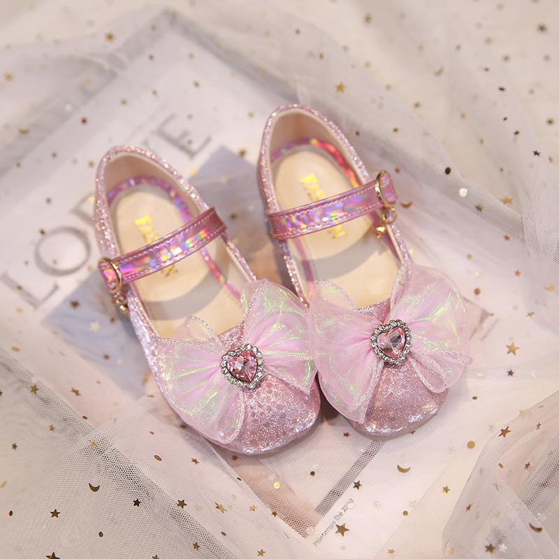 Chaussures de princesse pour filles, petites chaussures en cuir avec nœud en strass, roses, mignonnes, à fond souple, simples, sophistiquées, généreuses et élégantes pour filles