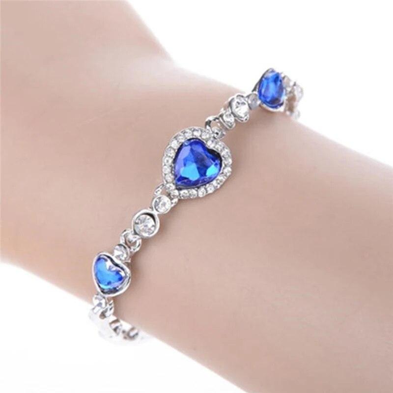 4 Colors Lucky Bracelet For Female Girls Blue Pink Rhinestone Heart Charm Bracelet Ladies Bridal Wedding Senior Jewelry Gifts