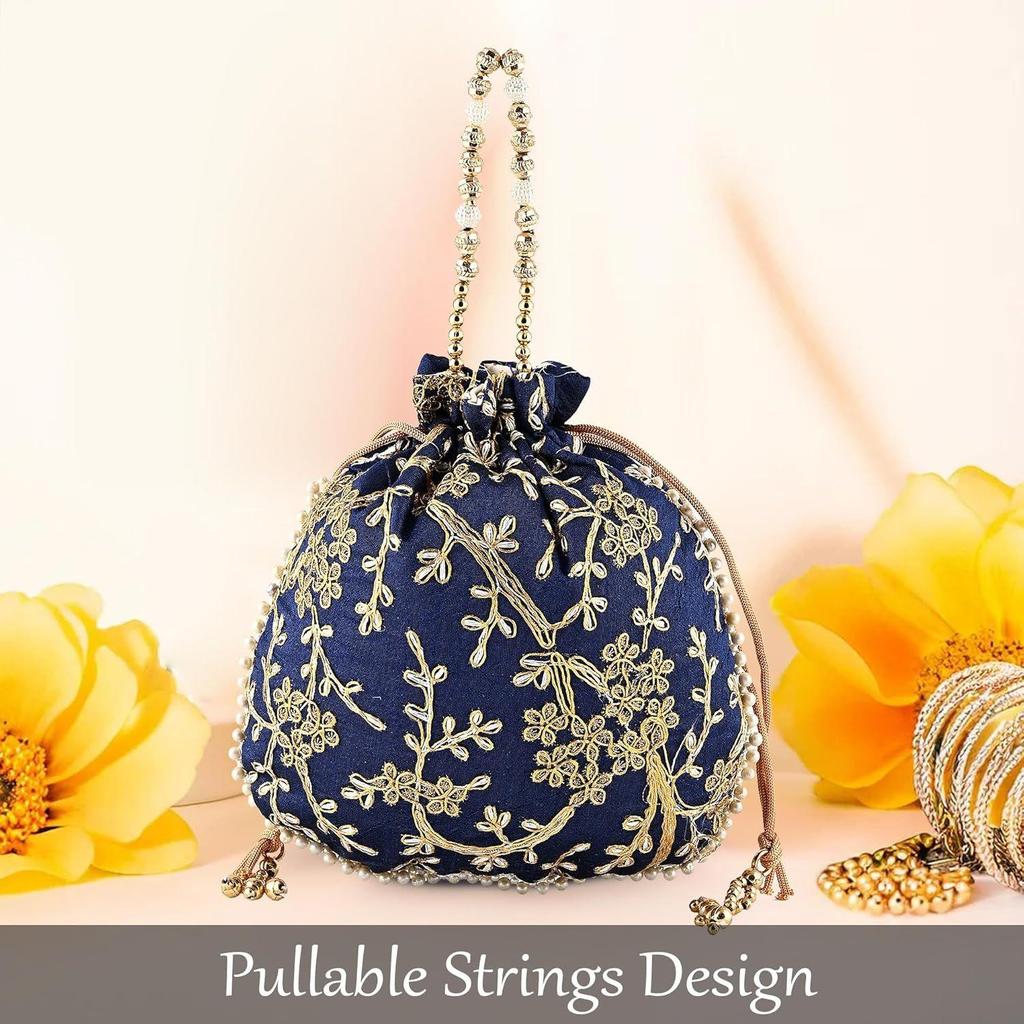 Potli tašky pro dámy a dívky | Dámské šagunové pouzdra pro sváteční období | Batwa taška svatební peněženka s výšivkou - Tmavě modrá