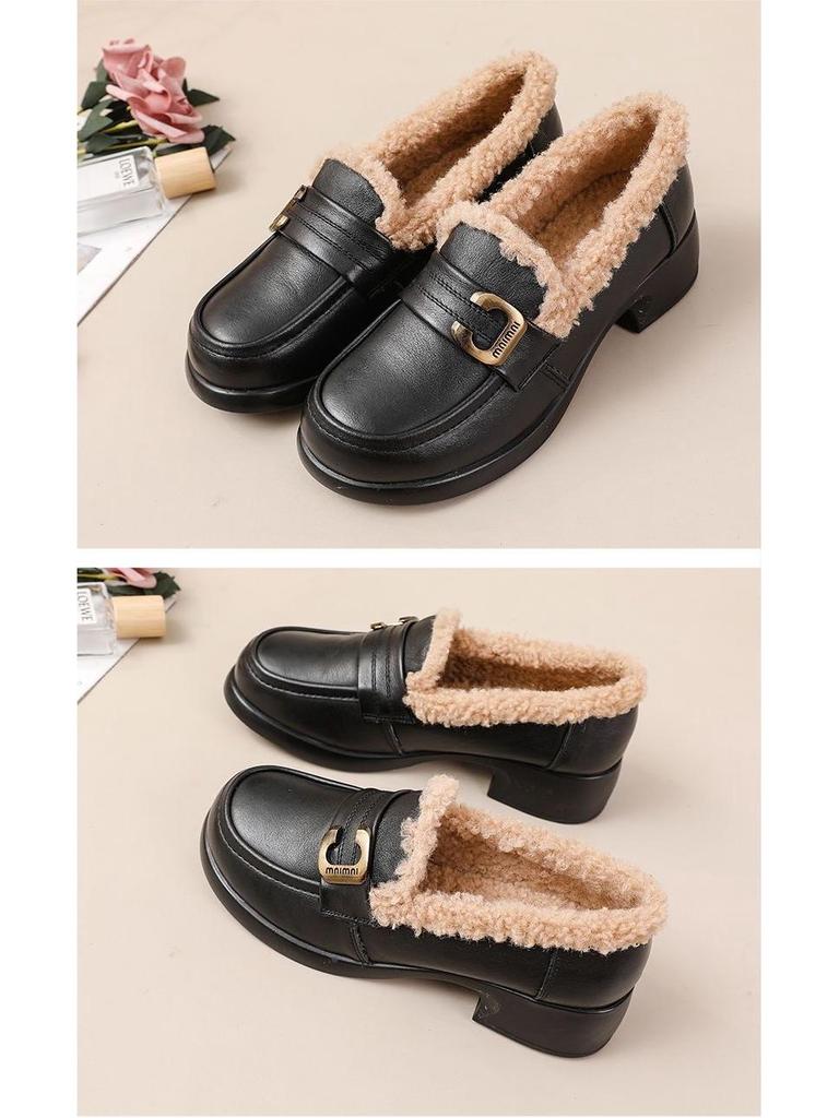Women's Black Waterproof Non-Slip Thick Sole Velvet-Lined Casual Loafers