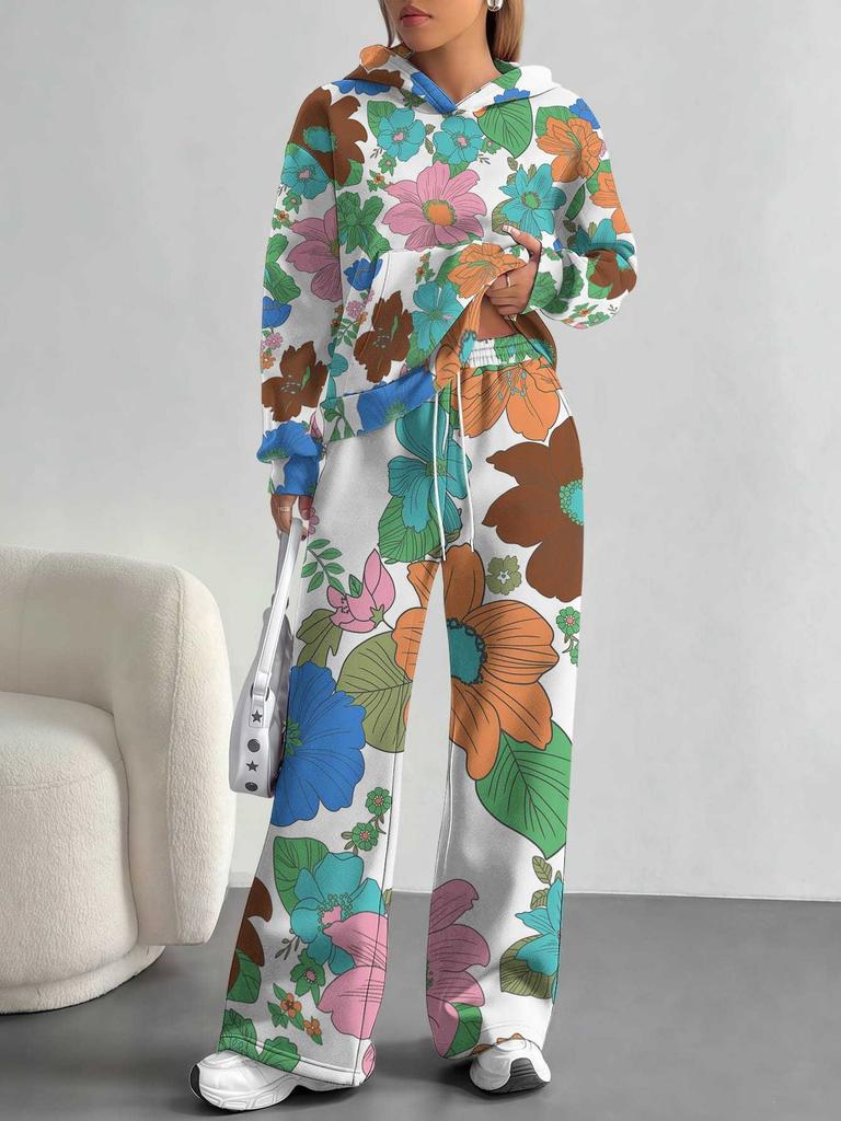 European, American Autumn and Winter Blue Flower Casual Long-sleeved Suit Women's Hooded Sweater Trousers Two-piece Set