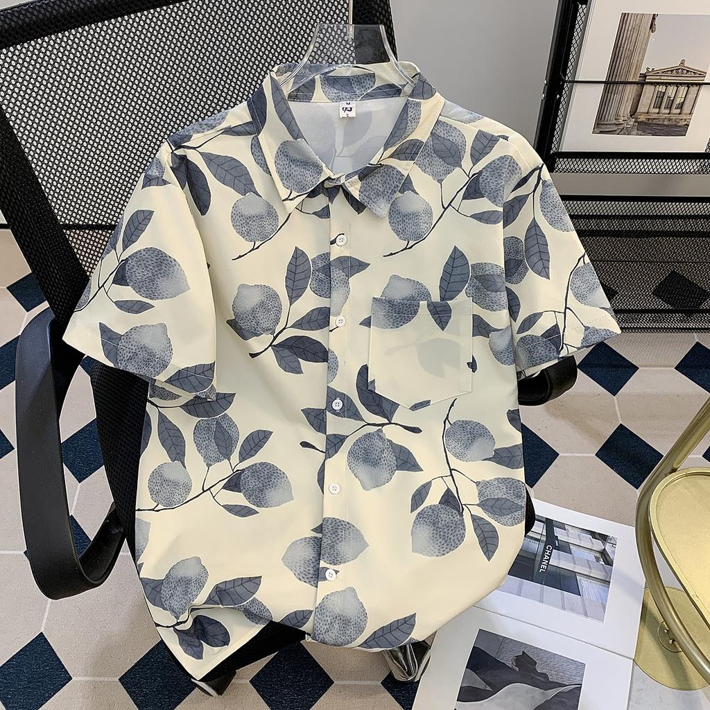 Hawaiian Full Printed Short-Sleeved Floral Shirt Men's Summer Thin Vacation Style Ice Silk Cool Half-Sleeved Loose Shirt