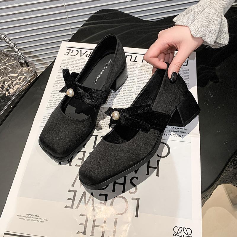Gentle Fairy Style Mary Jane Shoes 2025 Spring French Temperament Elegant Satin Bow High Heels Evening Shoes