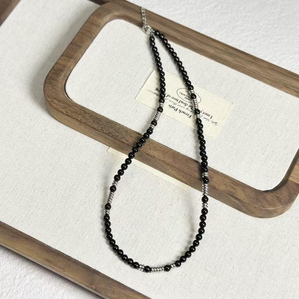 Niche Design Black Spinel & Freshwater Pearl Necklace in Titanium Steel