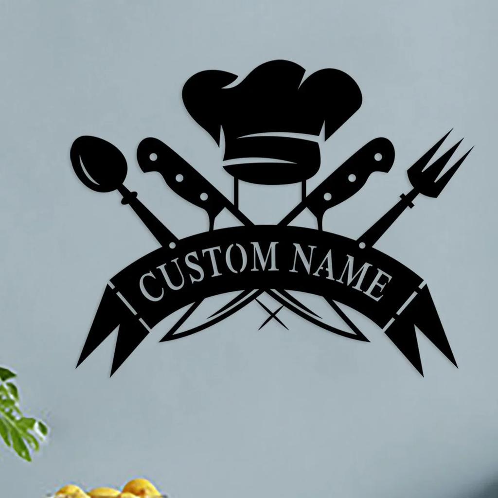 Custom Metal Chef Hat Wall Art, Personalized Kitchen Name Sign Decor