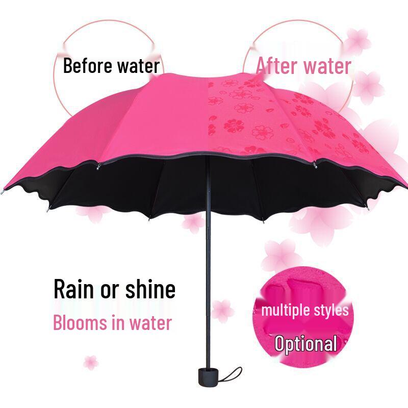 Women's Dual-Use UV Protection Umbrella: Water-Activated Blooming Design, Manual, Sun & Rain Parasol, Black Glue, Large Size.