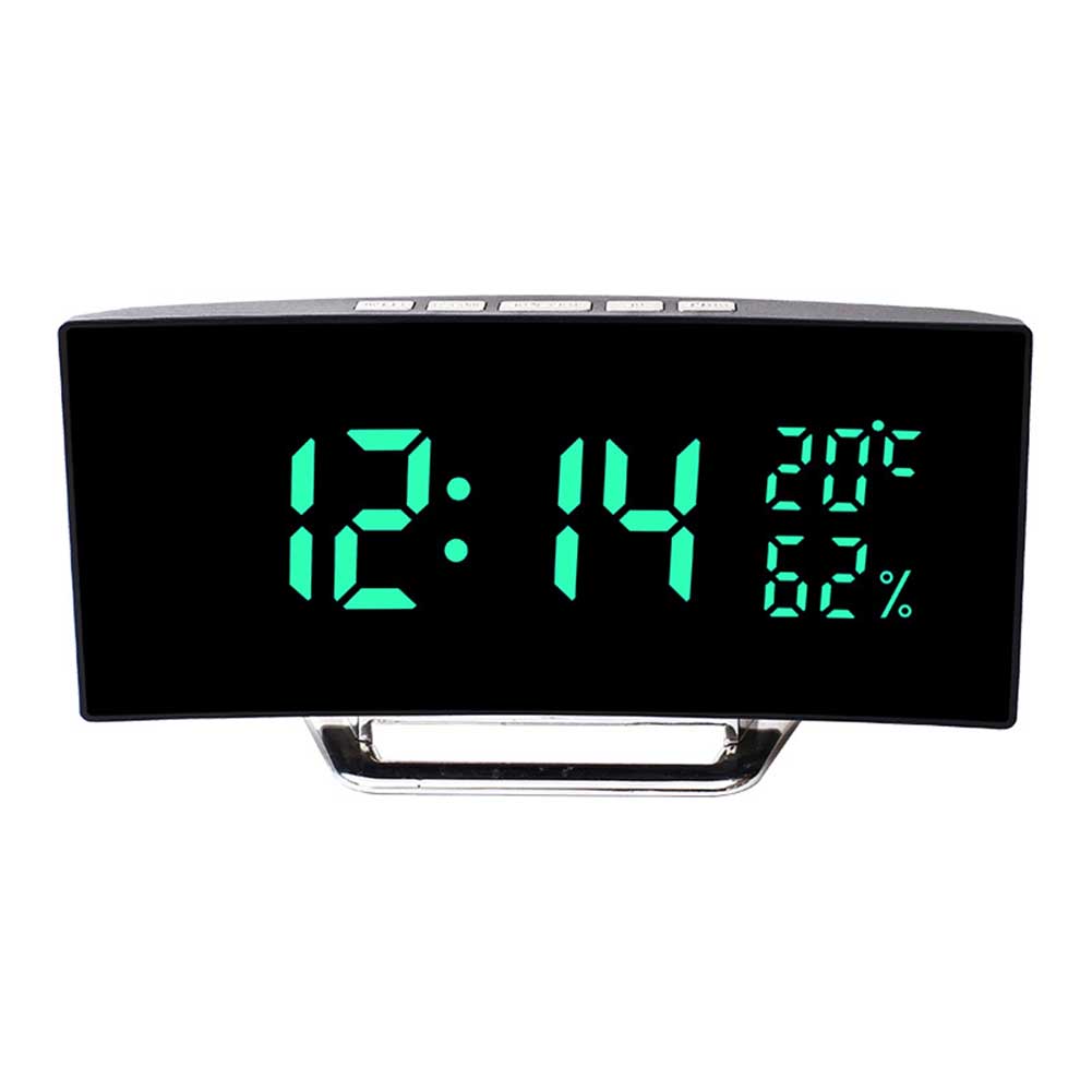 Compact LED alarm clock with digital time temperature and humidity display and adjustable brightness for night