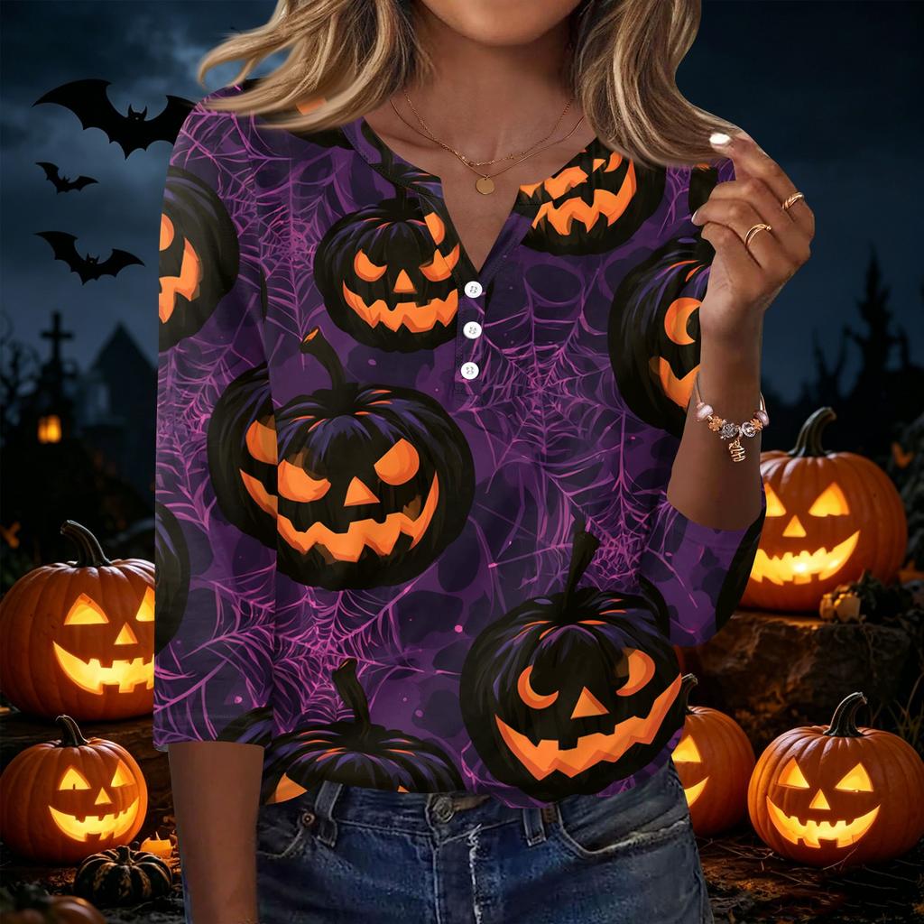 Women's Casual Halloween Print V Neck Button Front Three Quarter Sleeve T Shirt Top Lightweight Soft Fabric Comfortable Fit
