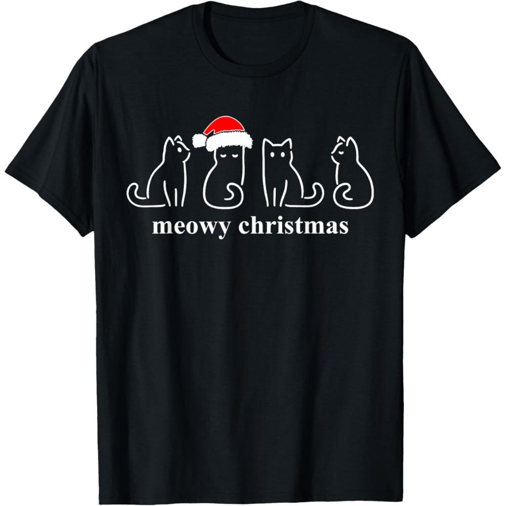 Meowy Catmas Cat Christmas Cute Kitten Cats Santa Hat Xmas T-Shirt High Quality Cotton Tops New Casual Simple Short-sleeve
