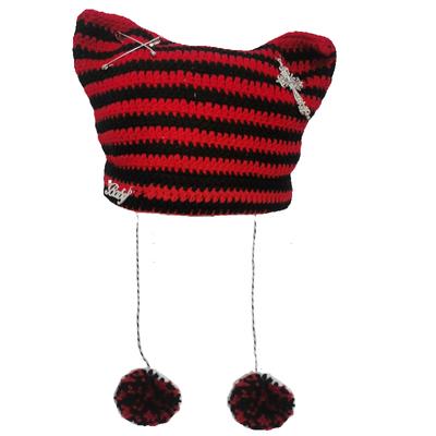 Teufelsgestreifte Strickmütze mit süßen Katzenohren und Kreuzverzierung für Frauen und Mädchen(54-56cm)