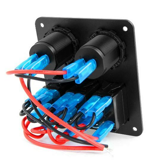Pannello blu 4 in 1 per barca e auto: Interruttore + Caricabatterie + Voltmetro + Presa Accendisigari