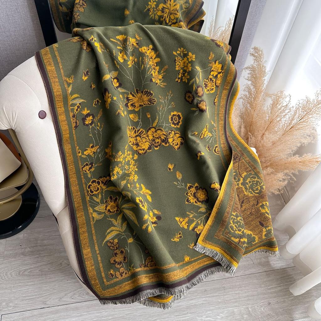 Autumn And Winter Scarf Women'S Versatile Imitation Cashmere Thickened Warm Shawl Double-Sided Imitation Cashmere Dual-Purpose Flower