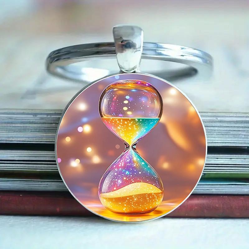 

Fashion Colorful Time Sandglass Keychain With Round Glass Alloy Pendant For Key Organizer