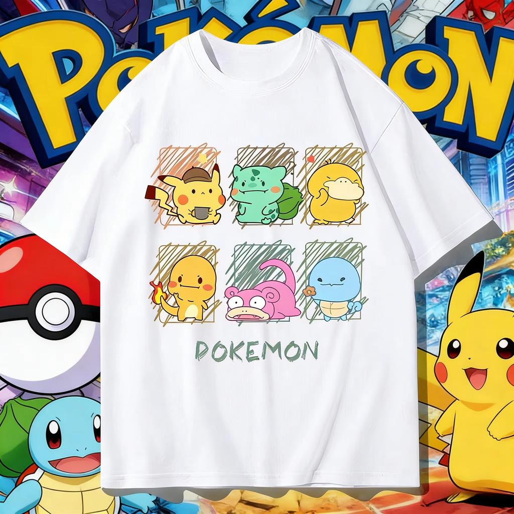 2026 Summer UnisexS Pokemon Cute Starters Group Print TShirt Cotton Loose Oversized Couple Family Tee For Travel Game Sports