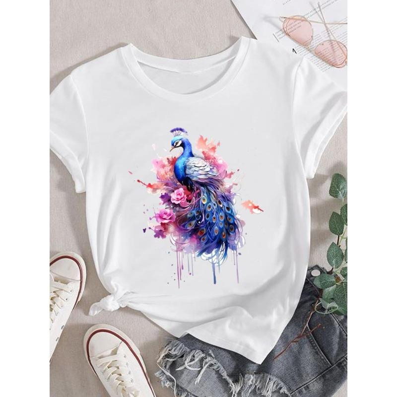 (European Size)  Lovely Women Short Sleeve Fashion Tee Trend Watercolor Style Top Clothing Print Lady Casual T-shirt Female Graphic T-shirts
