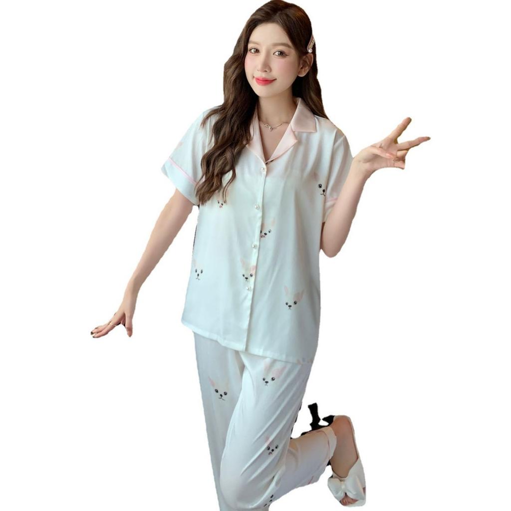 Dames Sommer Komfortabelt Is-silke Loungewear Sett 2 Deler Kortermet Lange Bukser Pyjamassett Casual Trykt Hjemmeklær