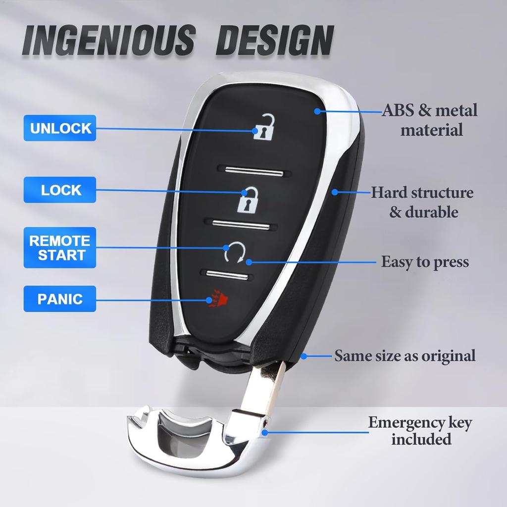 Keyles Entry Car Key Fob Case Shell Cover Replacement with Uncut Emergency Key 4-Buttons for Chevrolet Cruze Traverse Volt Bolt Equinox Sonic Trax