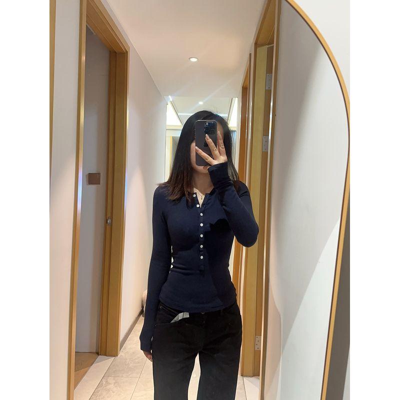 

NAMI American Retro Points Henley Shirt Plaid Slimming round Neck Long Sleeves Undershirt Inner Wear Women s Spring Navy blue M