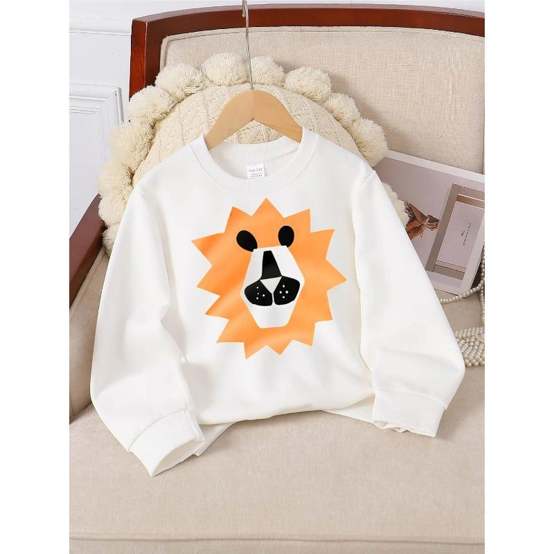 European sizes Girls' Stylish Crewneck Sweatshirt with Blue Lion Face Print, Long-Sleeved Casual Top for Young Girls