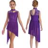 Girls Sleeveless Mock Neck Leotard Dress – Asymmetrical Shoulder Floral Lace with Rhinestones, Irregular Hem for Lyric Dance