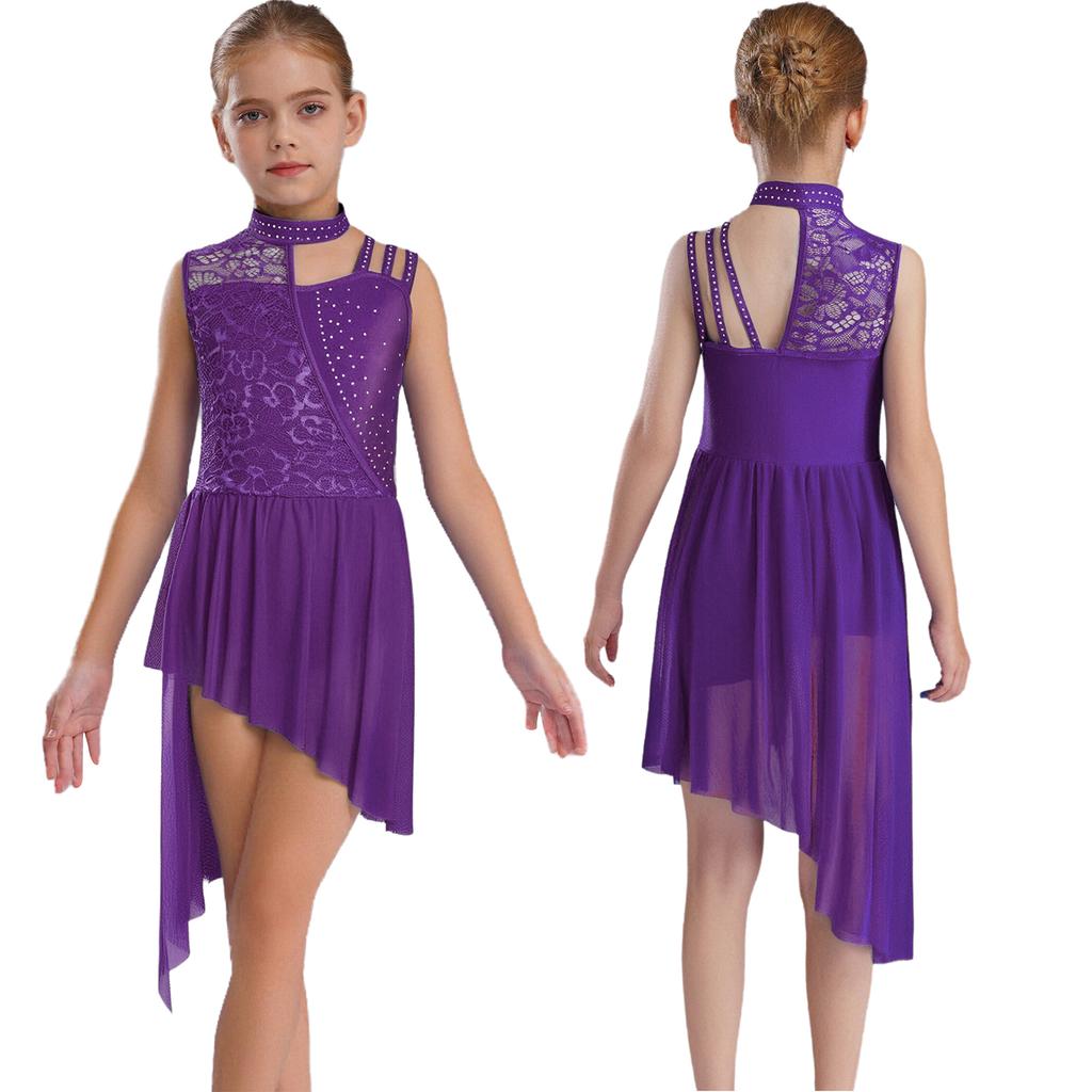 Girls Sleeveless Mock Neck Leotard Dress – Asymmetrical Shoulder Floral Lace with Rhinestones, Irregular Hem for Lyric Dance