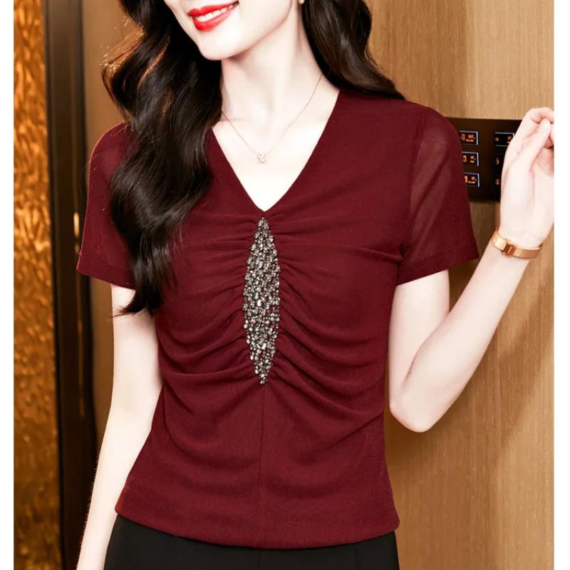 Summer Sexy V-neck Luxury Hot Diamonds Women’s T-Shirt Fashion Slim Mesh Short Sleeve Tees Brand Ladies  All Match Tops