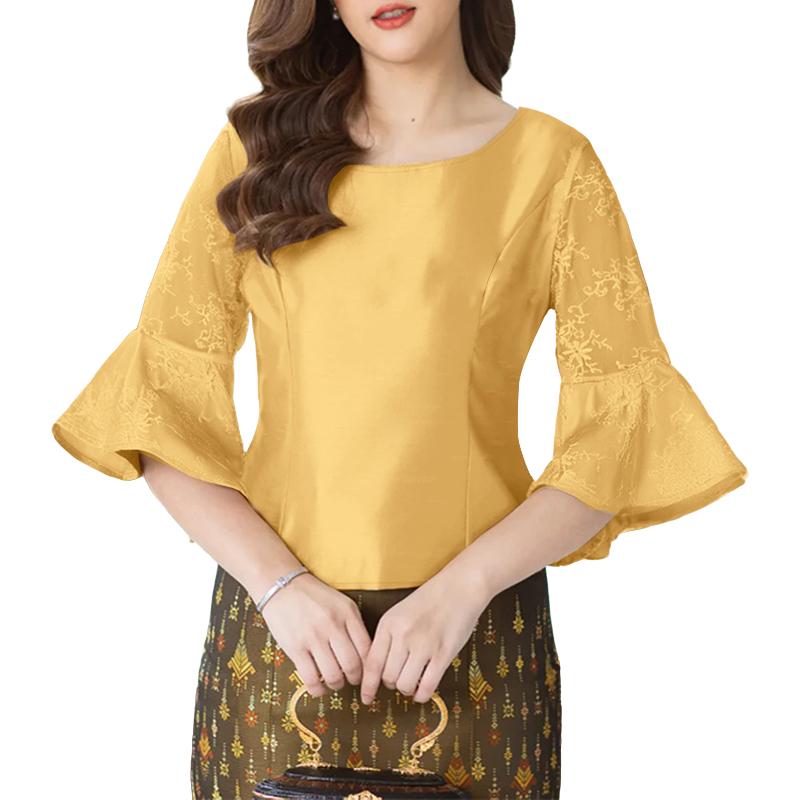 

ZANZEA Женская повседневная блузка с круглым вырезом, сетчатой вставкой и рукавами 3/4 на лето 5XL хаки