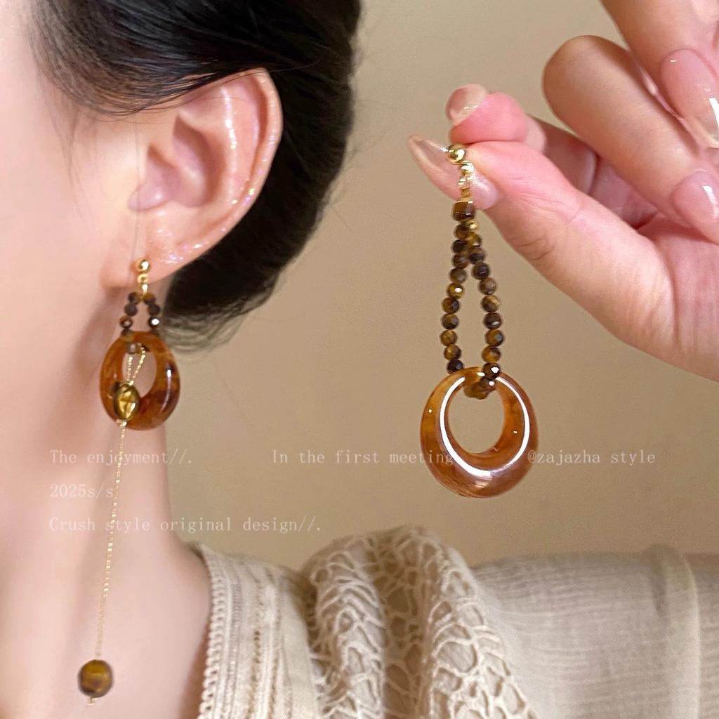 Maillard Amber Tiger's Eye Stone Earrings Women's Autumn and Winter Unique Stud Earrings Niche Earrings