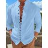 Camicia da uomo in cotone e lino, stile retrò, taglie forti, tinta unita, a maniche lunghe, con bottoni e collo alto, primavera autunno, all'aperto