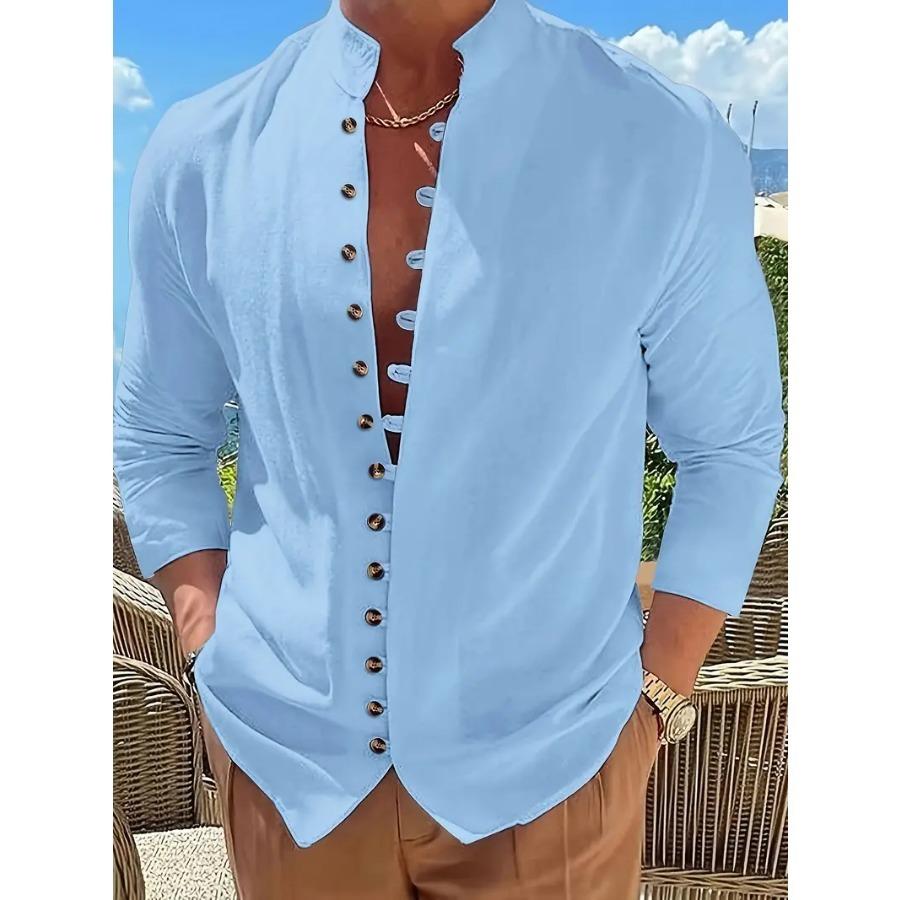 Camicia da uomo in cotone e lino, stile retrò, taglie forti, tinta unita, a maniche lunghe, con bottoni e collo alto, primavera autunno, all'aperto