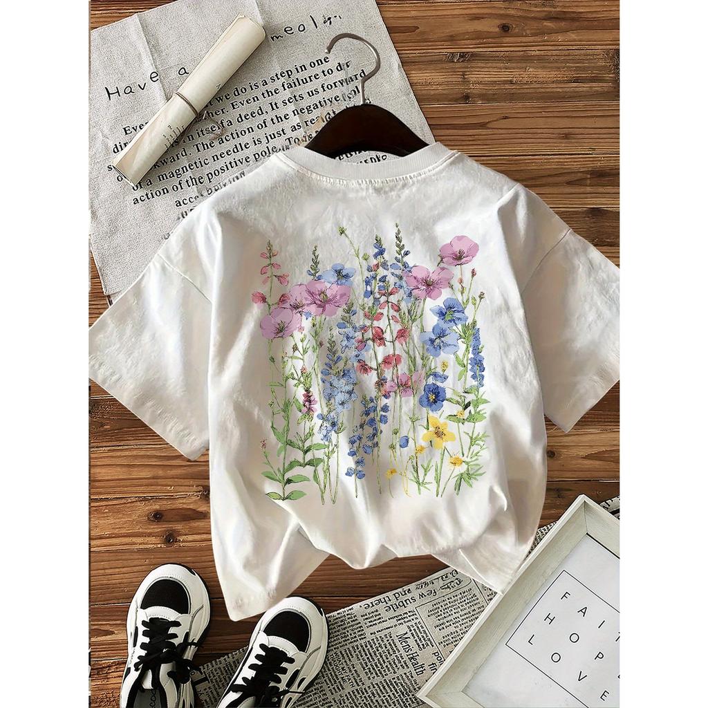 Graphic Chic Flower 100% Cotton Women's Retro Floral Print T-Shirt Soft Crew Neck Short Sleeve Top Vintage Shirt Floral Design